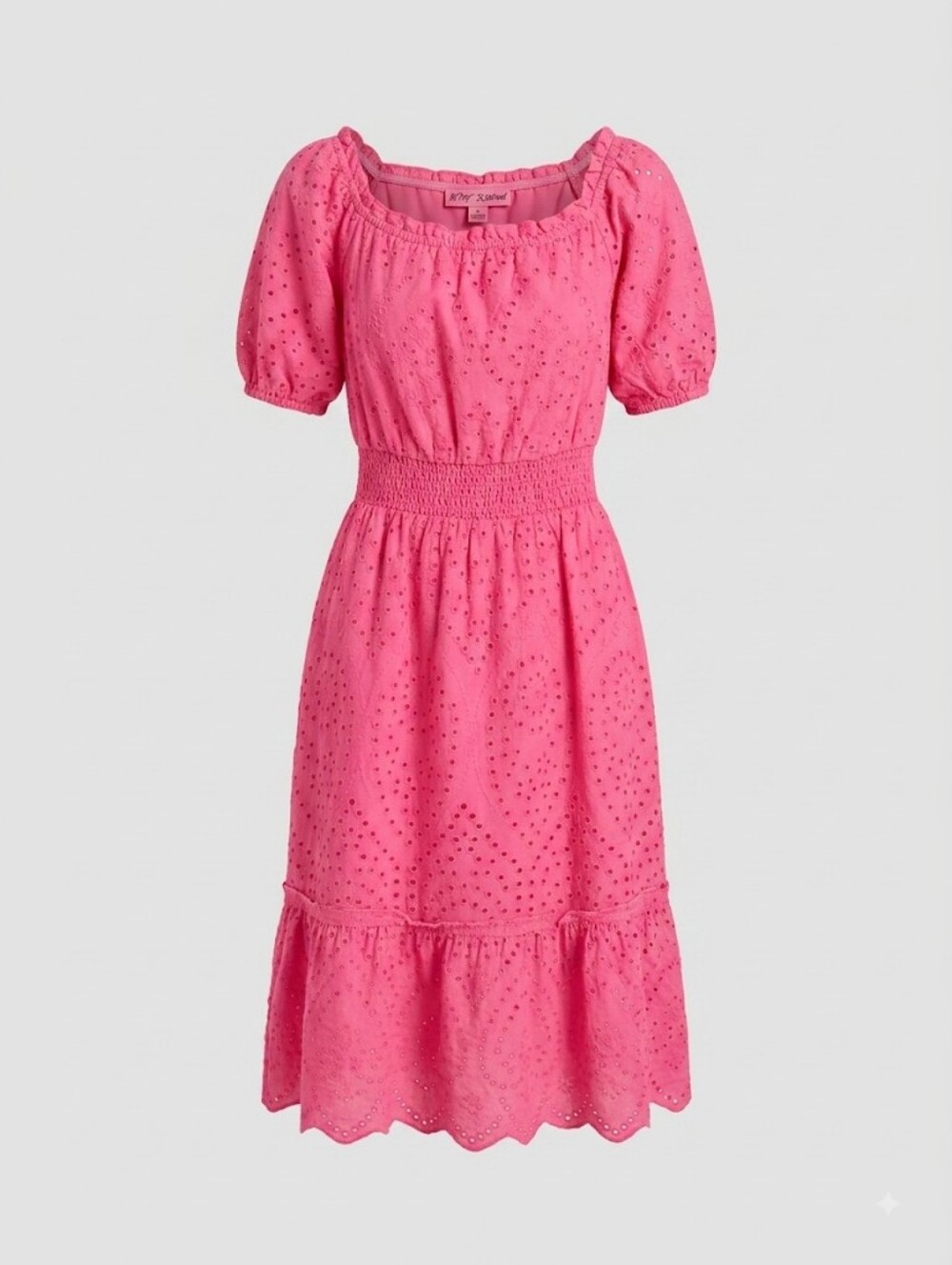 Betsey Johnson Hot Pink Cotton Eyelet Puff Sleeve Square Neck Midi Dress - Picture 1 of 5